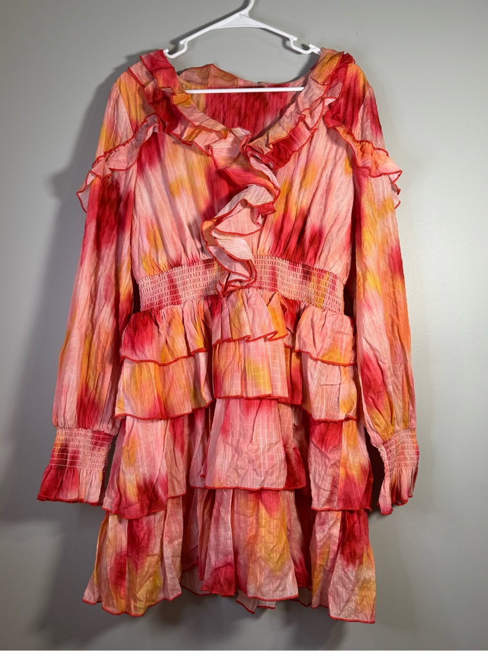 Anewsta Ruffled Tie-Dye Tiered Mini Dress in Pink & Yellow XL